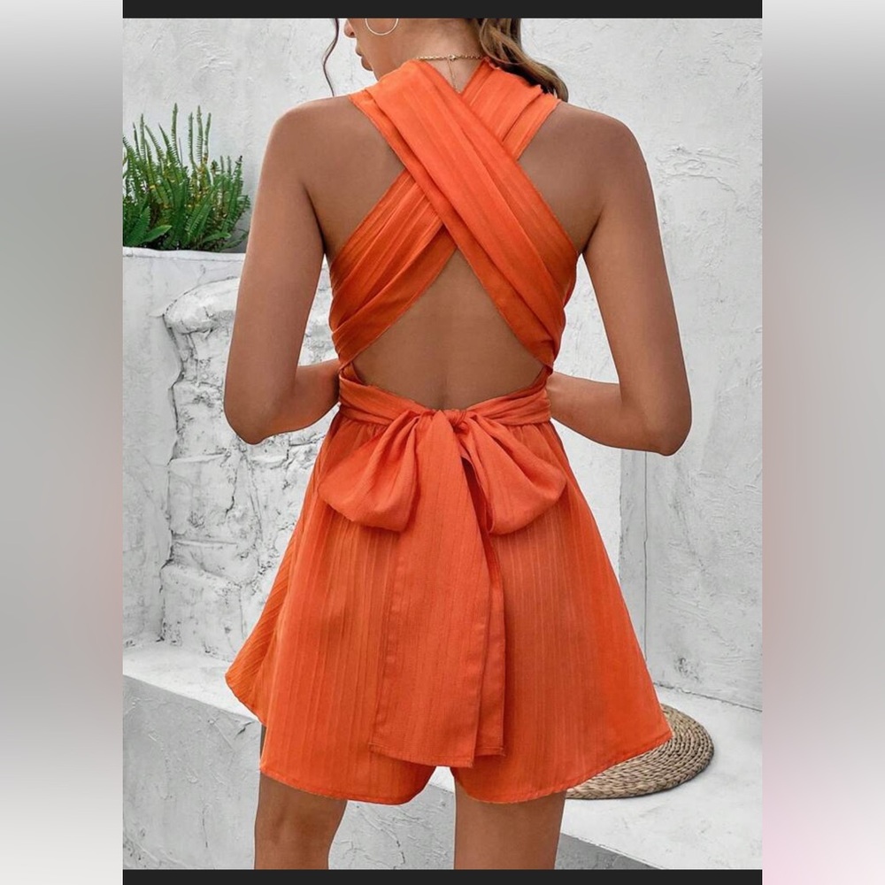 Women’s Orange Cross-Front Halter Romper - Picture 2 of 4